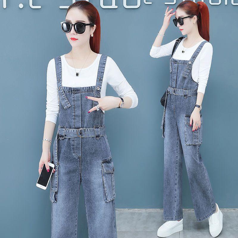 Women's 2026 Spring/Autumn Wide-Leg Denim Overalls & Pants Set