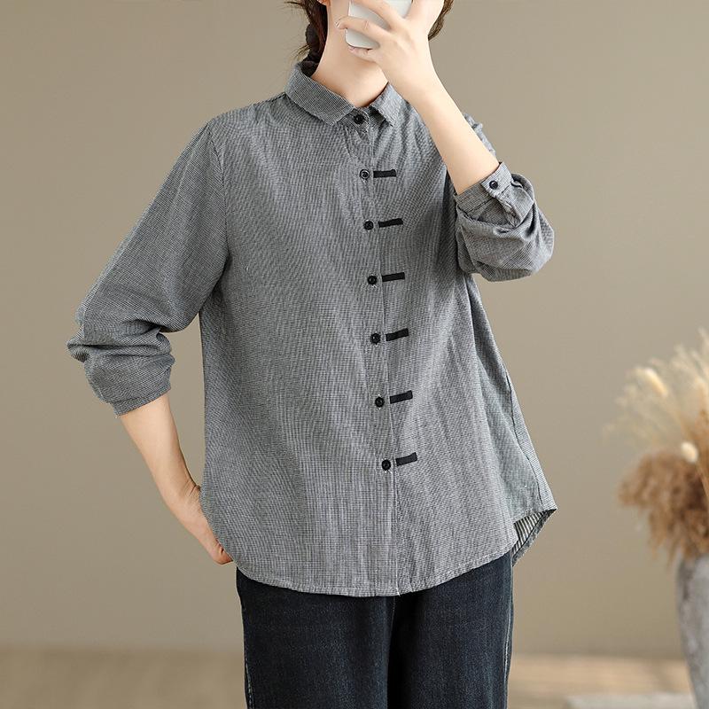 Japanese-Korean Retro Plaid Cotton Linen Shirt for Women - Plus Size, Versatile, Boutique Style L