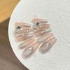 Women Long Press‑On Nails Pure‑Handmade Pink Transparent Silver Sequin Gradient Large Rhinestone Phototherapy False Nail Patches