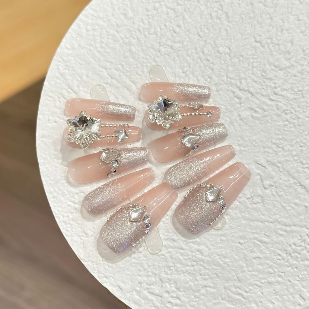 Women Long Press‑On Nails Pure‑Handmade Pink Transparent Silver Sequin Gradient Large Rhinestone Phototherapy False Nail Patches