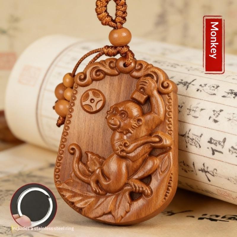 Natural Peach Wood Chinese Zodiac Keychain Hand Carved Lucky Blessing For Daily Use Gift For Friends Family