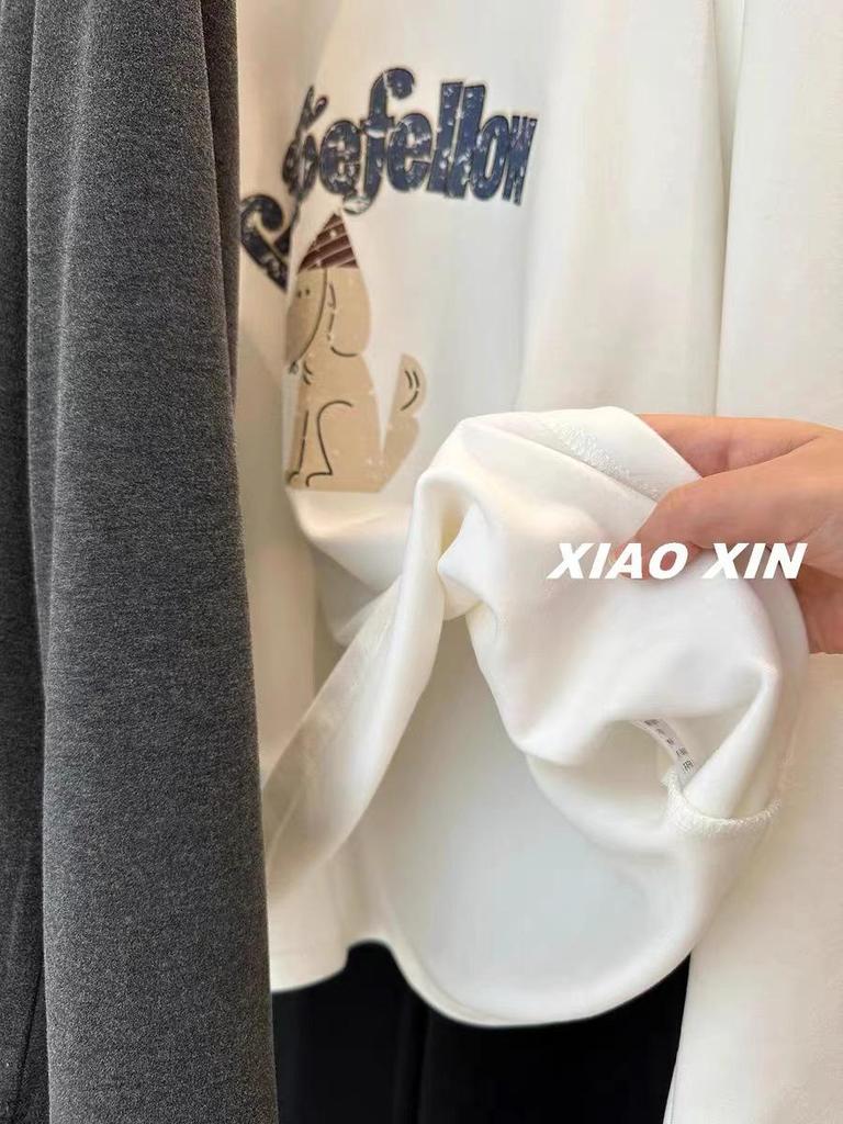 Korean Cute Puppy Hooded Long Sleeve Women's T-shirt - Cotton Brushed, Autumn/Winter Loose Base Layer Top