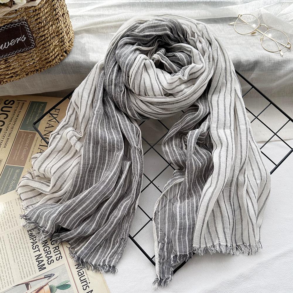 Japanese & Korean Style Autumn/Winter Unisex Striped Scarf In Cotton, Linen & Silk