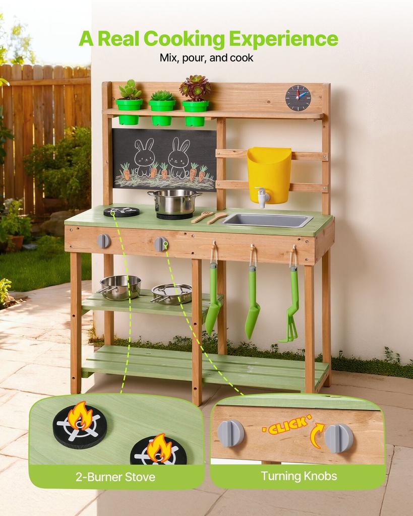 Mud Kitchen, Outdoor Mud Kitchen for Kids, Wood Outdoor Play Kitchens with Stoves, Tank, Sink, Planting Shovels, Spatulas, Box, Cookware Pots and