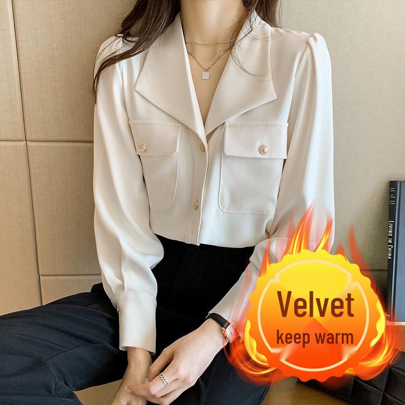 Women s Designer Fleece-Lined Long-Sleeve Shirt, White Lapel, Versatile Style, 2025 Autumn/Winter Collection. 2XL
