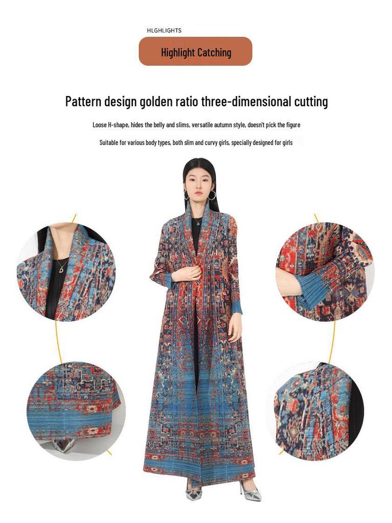 Pleated Printed Long Trench Coat for Women - 2025 Spring Lapel Loose Fit Plus Size Long Sleeve Robe