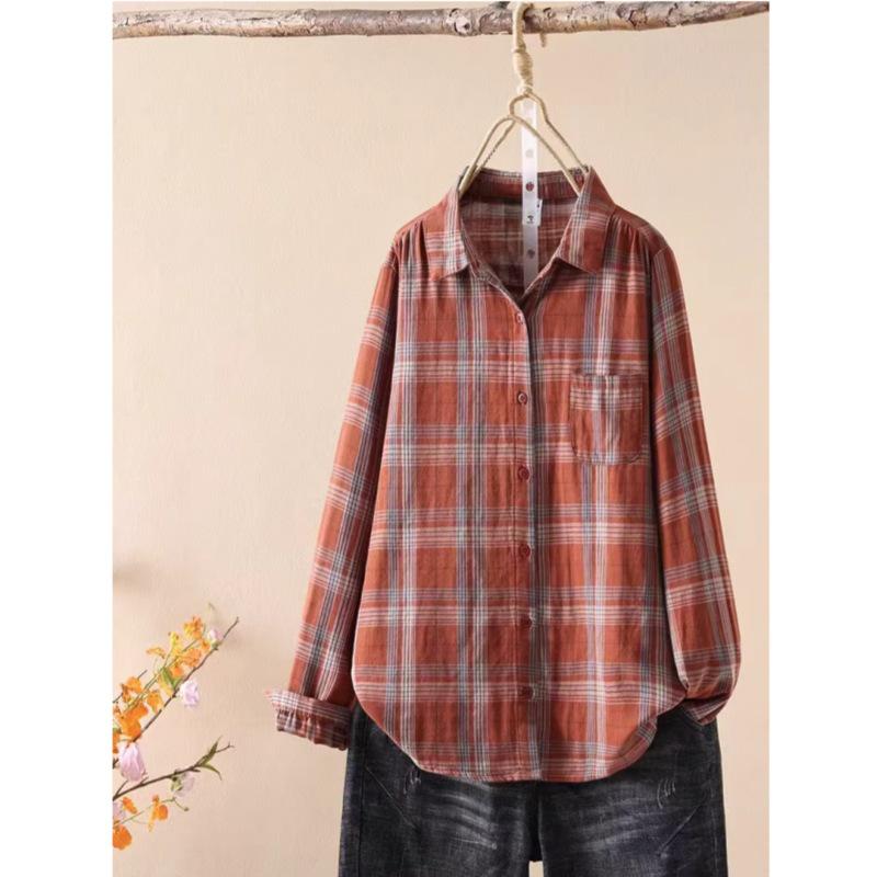 2026 Spring Cotton Plaid POLO Collar Long Sleeve Shirt for Women XL