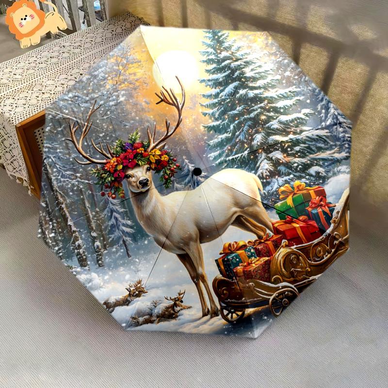 1 PC Automatic Folding Umbrella - Deer with Presents Pattern, Portable & Foldable Design with 8 Ribs, Christmas Birthday Gifts