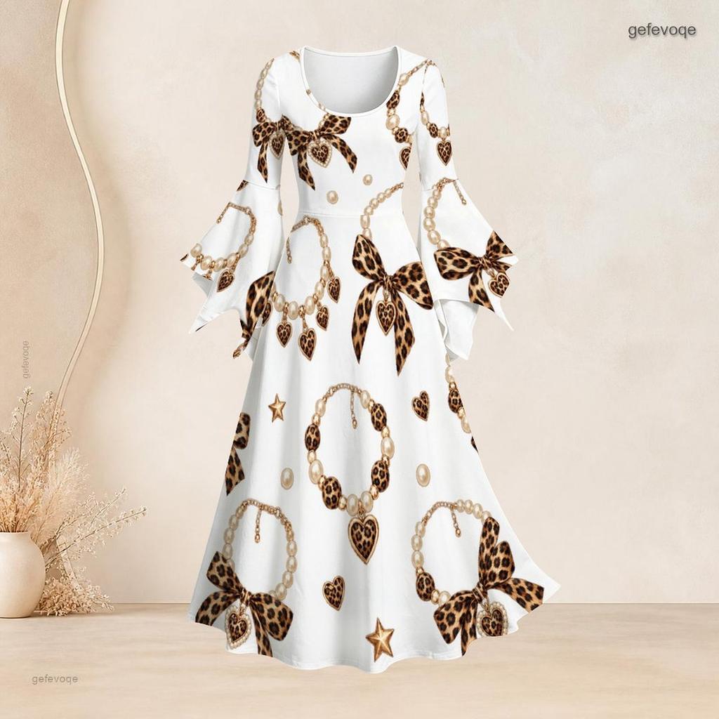 Women Plus Size U Neck Bell Sleeve White Crown Leopard Print Maxi Dress