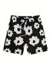 Men's Floral Graphic Print Drawstring Shorts, Summer Casual Shorts with Pockets, Beach Hawaiian Shorts