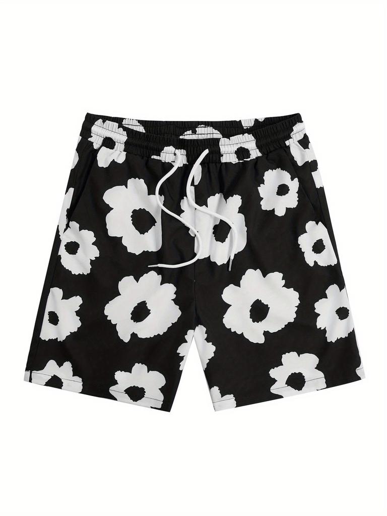 Men's Floral Graphic Print Drawstring Shorts, Summer Casual Shorts with Pockets, Beach Hawaiian Shorts
