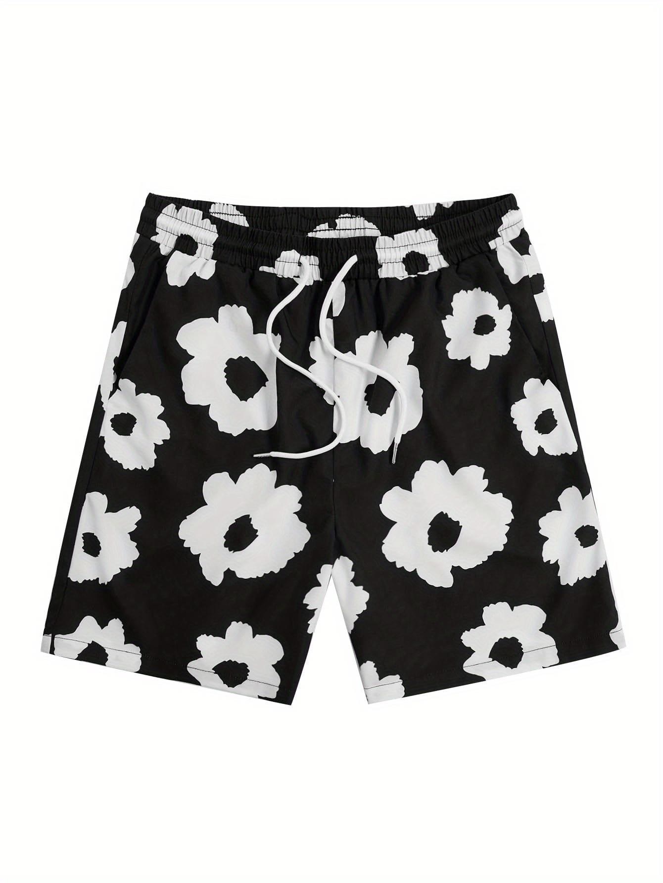 

Men s Floral Graphic Print Drawstring Shorts, Summer Casual Shorts with Pockets, Beach Hawaiian Shorts XXXL чёрный
