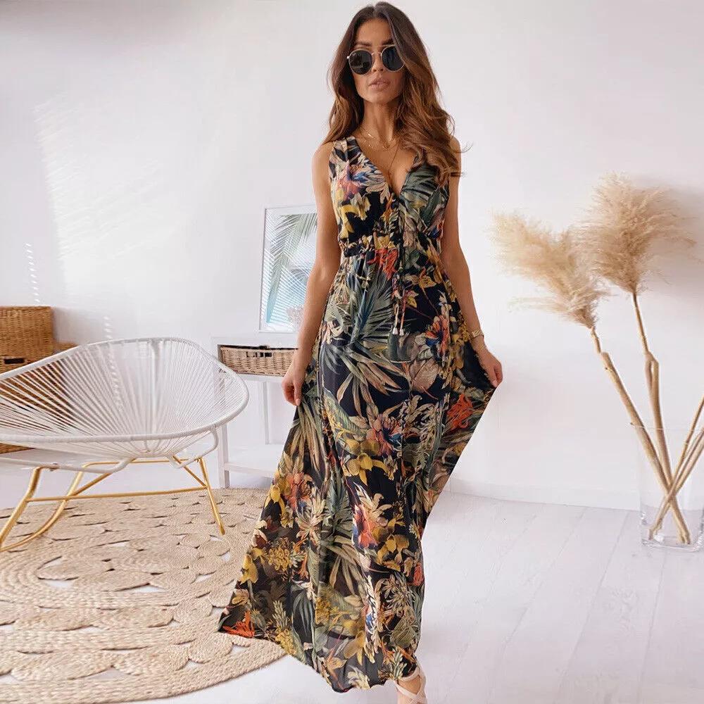 Women's Boho Floral V Neck Maxi Long Dress Ladies Summer Beach Swing Sundress