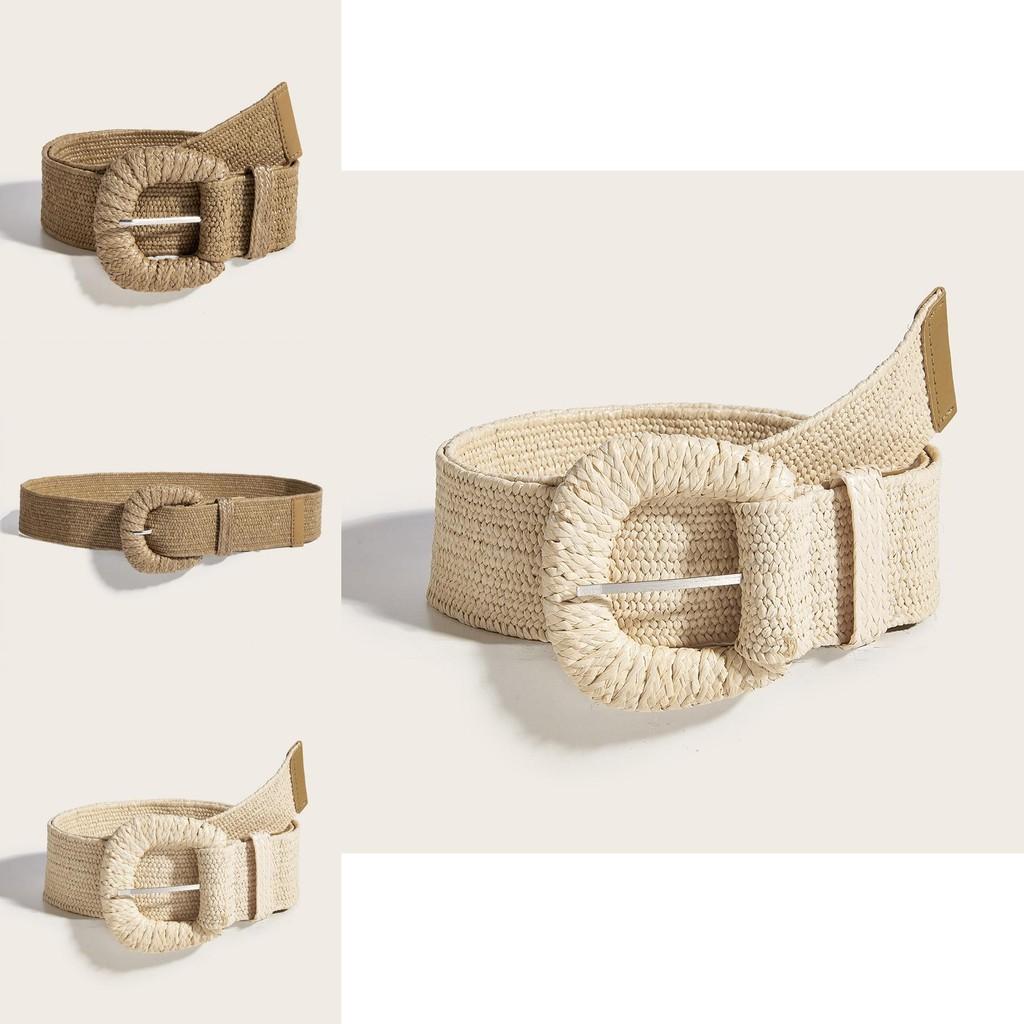 Vintage Cotton Linen Pp Grass Braid Belt With Round Buckle For Casual Dress Accessory