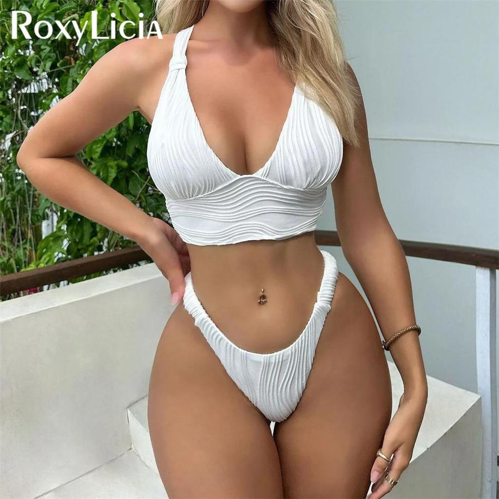 Sexy Wrinkled High Leg Cut Cross Back Bikini Women Swimwear Female Swimsuit Two-pieces Bikini Set Bather Bathing Suit Swim