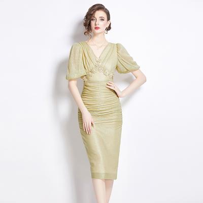 Summer Women Luxury Beading 3D Flower Mesh Drap Party Dresses Fashion V-neck Slim Bodycon Pencil Dress