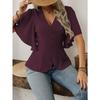 Women S V Neck Solid Color Single Breasted Waist Short Sleeve Blouse