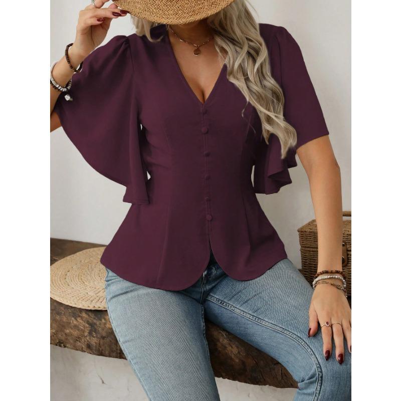 Women S V Neck Solid Color Single Breasted Waist Short Sleeve Blouse