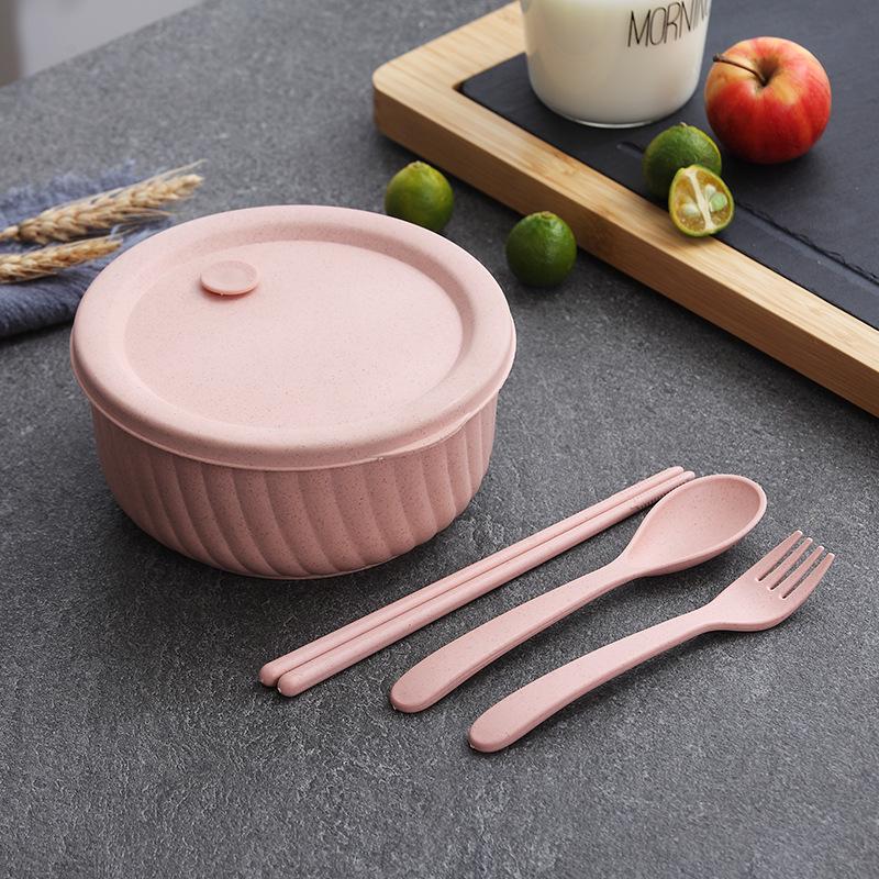 Eco-Friendly Wheat Straw Lunch Box Set with Lid: Includes Cutlery, Fresh-Keeping Bowl, and Instant Noodle Bowl - Ideal for Office or Student Use.
