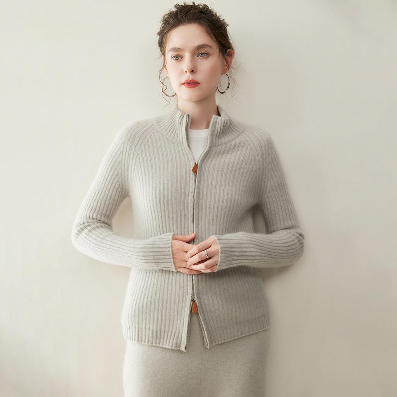 Women's Winter 2026 Double Zipper Slimming Cashmere Cardigan - Half-High Collar Ribbed Gentle Style Outerwear