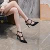 Women's 2025 Summer Black Patent Leather Riveted Stiletto Sandals: Studded, Lace-Up, Pointed Toe.