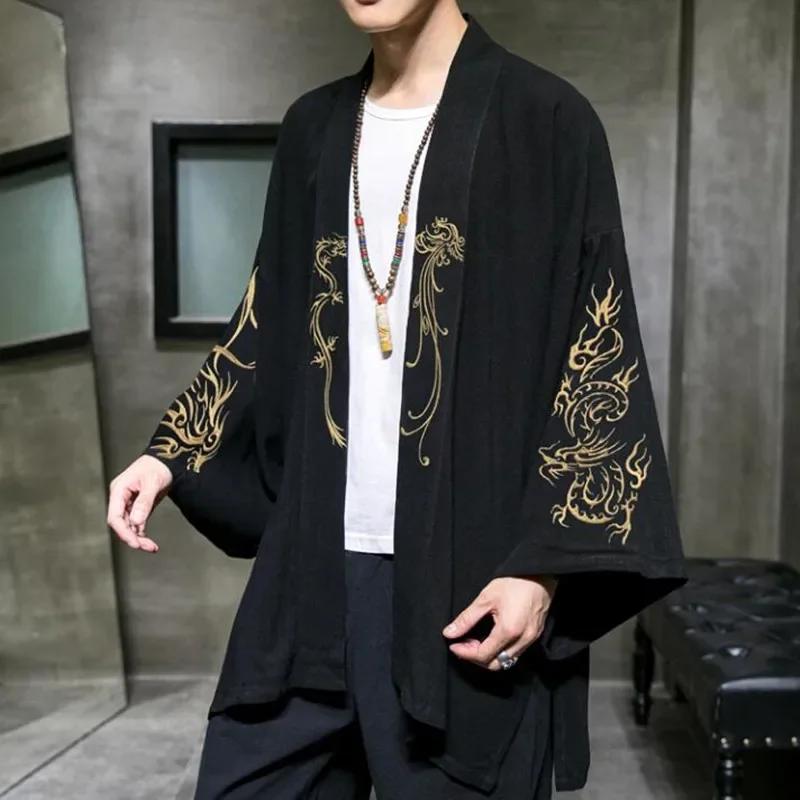 Модный костюм с вышивкой Hanfu, мужской халат в китайском стиле, куртка-кардиган, кимоно большого размера, древнее пальто, мужское 5XL чёрный