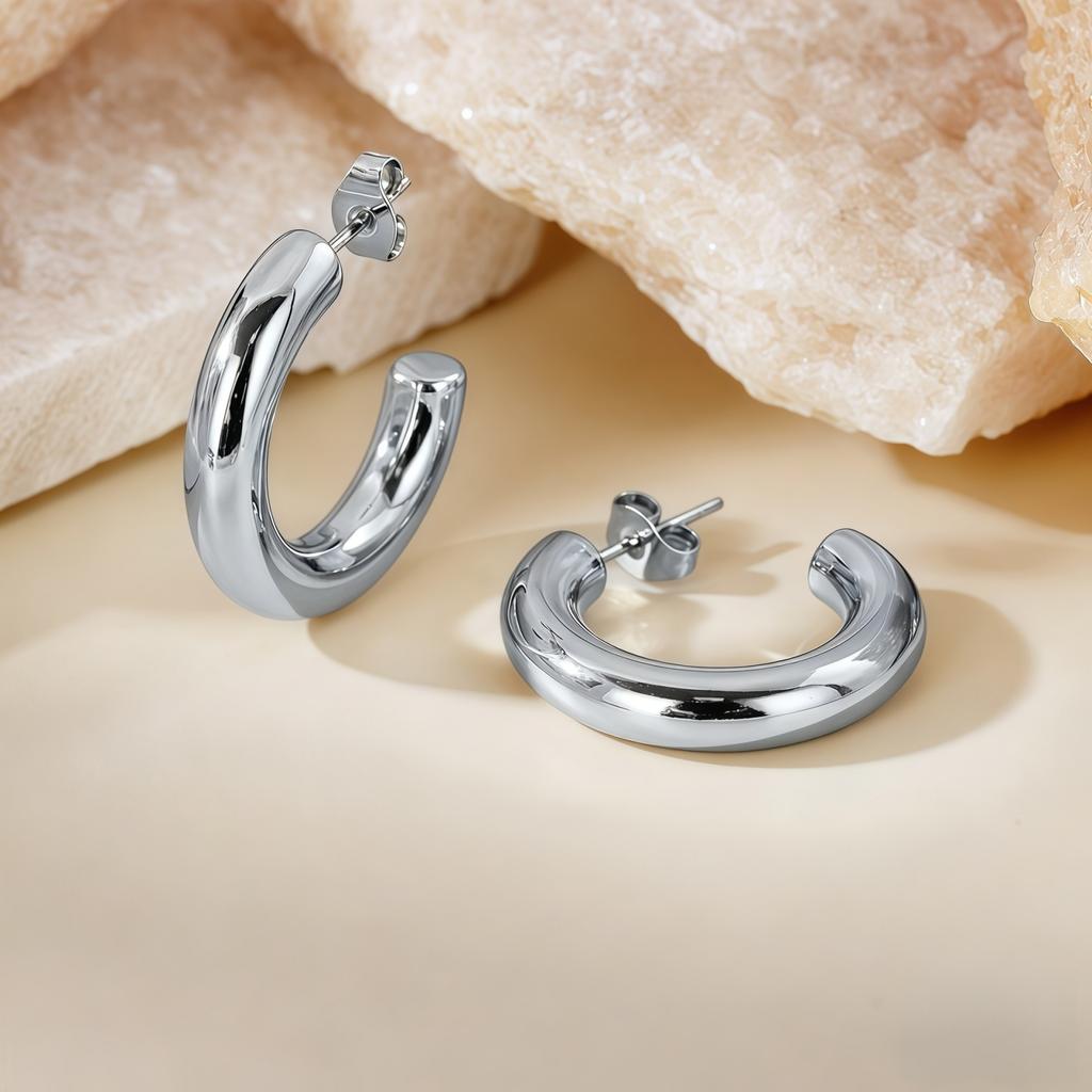 1 Pair Stylish Exquisite Circular Geometric 304 Stainless Steel C Shaped Hoop Earrings For Women Men Jewelry Gift