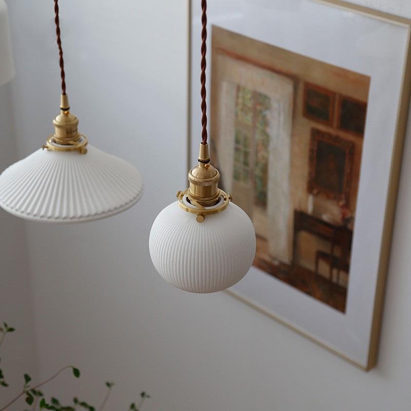 Nordic Inspired Japanese Brass & Pleated Ceramic Pendant Lamp for Restaurant, Bedroom or Dining Table