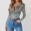 Camiseta de Fondo Delgado para Mujer Moda Casual Estampado Degradado Cuello Redondo Jersey Manga Larga Top