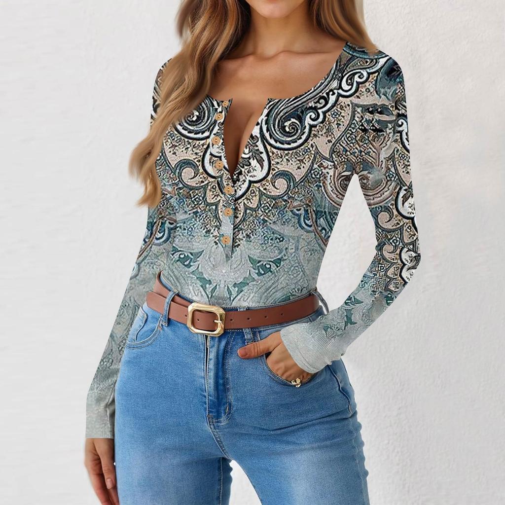 Camiseta de Fondo Delgado para Mujer Moda Casual Estampado Degradado Cuello Redondo Jersey Manga Larga Top