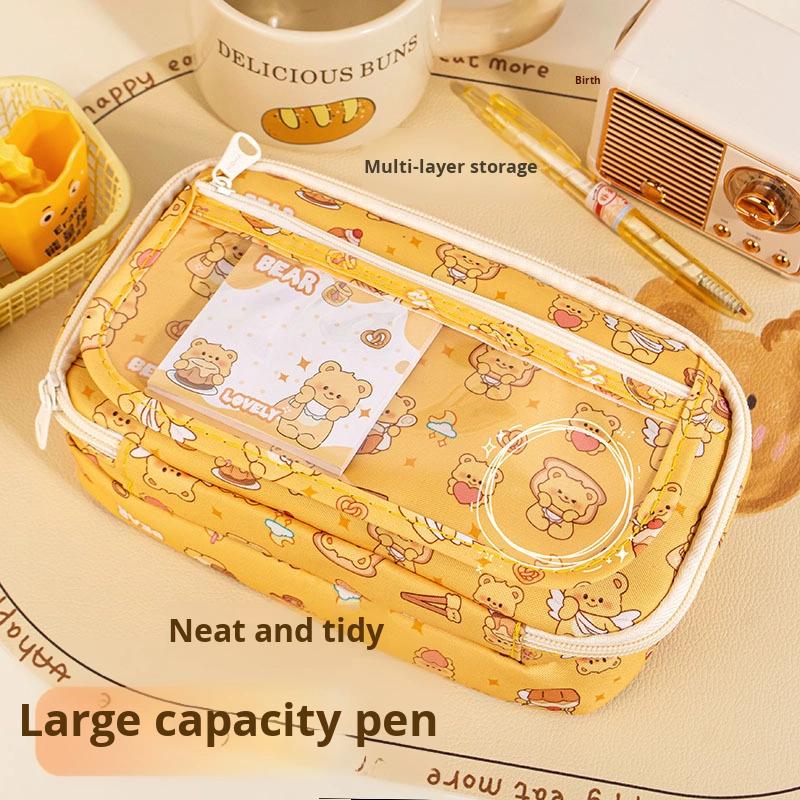 Large Capacity Multi-Layer Leather Pen Bag for Students Cute Bear Bakery Design New Girls Primary School Bag Oxford Pencil