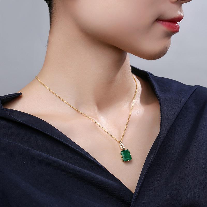 Solid 14k guld 45 cm halsband Emerald Pierscionki Bizuteria Bröllopshänge Dam Emerald Ädelstenshänge Pierscionki Smycken