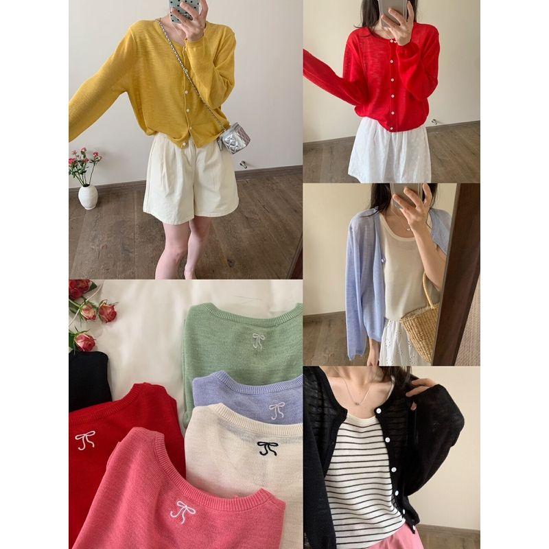 

Thirteen Rows Single-Breasted round Neck Ice Silk Knitting Cardigan Pale yellow All yards