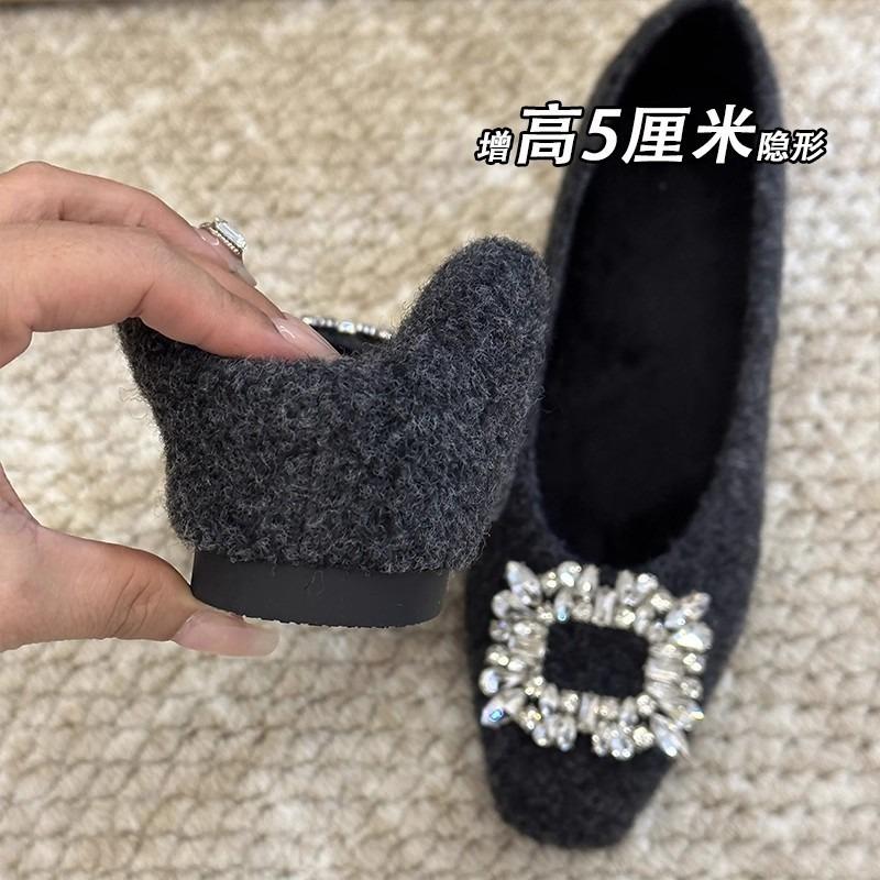 Square Buckle Fluffy Shoes Women's Autumn and Winter Velvet Warm Suede Shallow Mouth Mary Jane Single Shoes Women