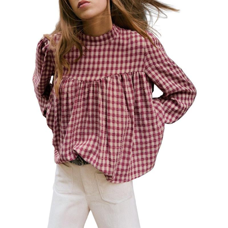 JKASHDK Women's Fashion Casual Spring Autumn Plaid Print Long Sleeve Half Turtleneck Blouses & Shirts
