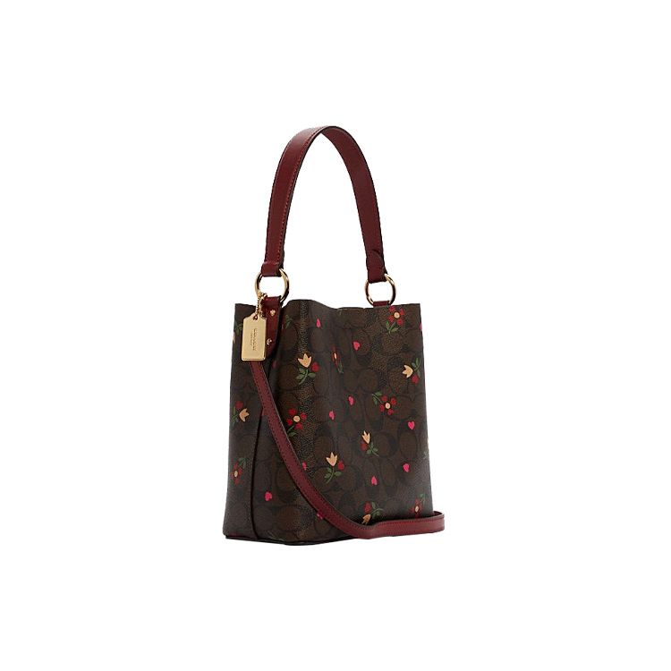 Coach Town 22 Classic Monogram Heart Floral Print Canvas And Leather Bucket Bag Women Handbags Brown Burgundy C7975-IMBMC