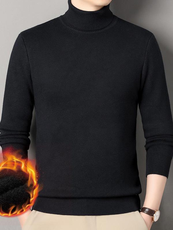 Men's Winter Warm Velvet High Neck Sweater - Solid Color Knit Pullover