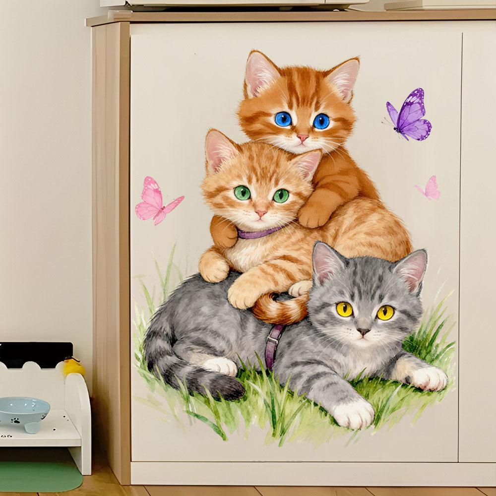 Cute Stacking Kittens Wall Sticker for Kids Room Nursery Bedroom Living Room Self-Adhesive Removable Home Decor