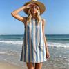 Vestido Casual para Mujer, Minivestido Camiseta sin Mangas de Cuello Redondo, Vestido de Verano a Rayas para Vacaciones con Bolsillos