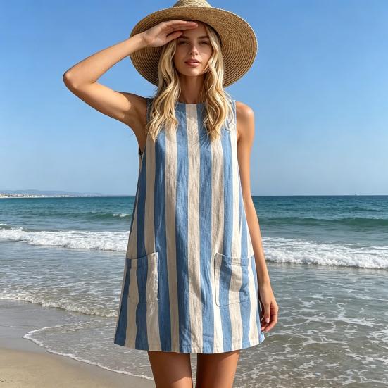 Vestido Casual para Mujer, Minivestido Camiseta sin Mangas de Cuello Redondo, Vestido de Verano a Rayas para Vacaciones con Bolsillos