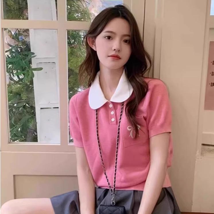 

Women s Summer Pink Ice Silk Knit Top with Peter Pan Collar and Embroidered Puff Sleeves One Size [Recommended for under 125 lbs]