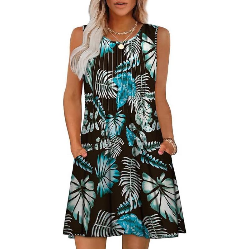 Dámské strečové bezrukávové šaty s potiskem a kapsou s kulatým výstřihem