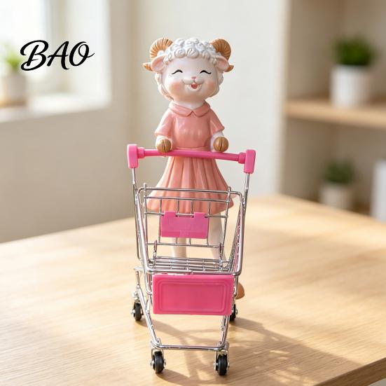 Cute Desktop Storage Solution Cartoon Sheep Shopping Cart Figurine, Mini Grocery Trolley Toy with Lamb, Small Figurine Wheels Desk Decor for