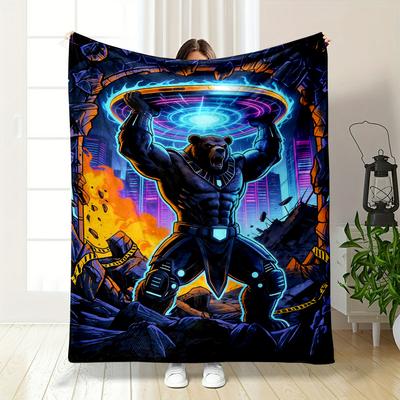 "Mighty Bear Warrior with Sci-Fi Portal Art" Flannel Blanket for Bedroom, Living Room, Sofa, and Nap Sofas.