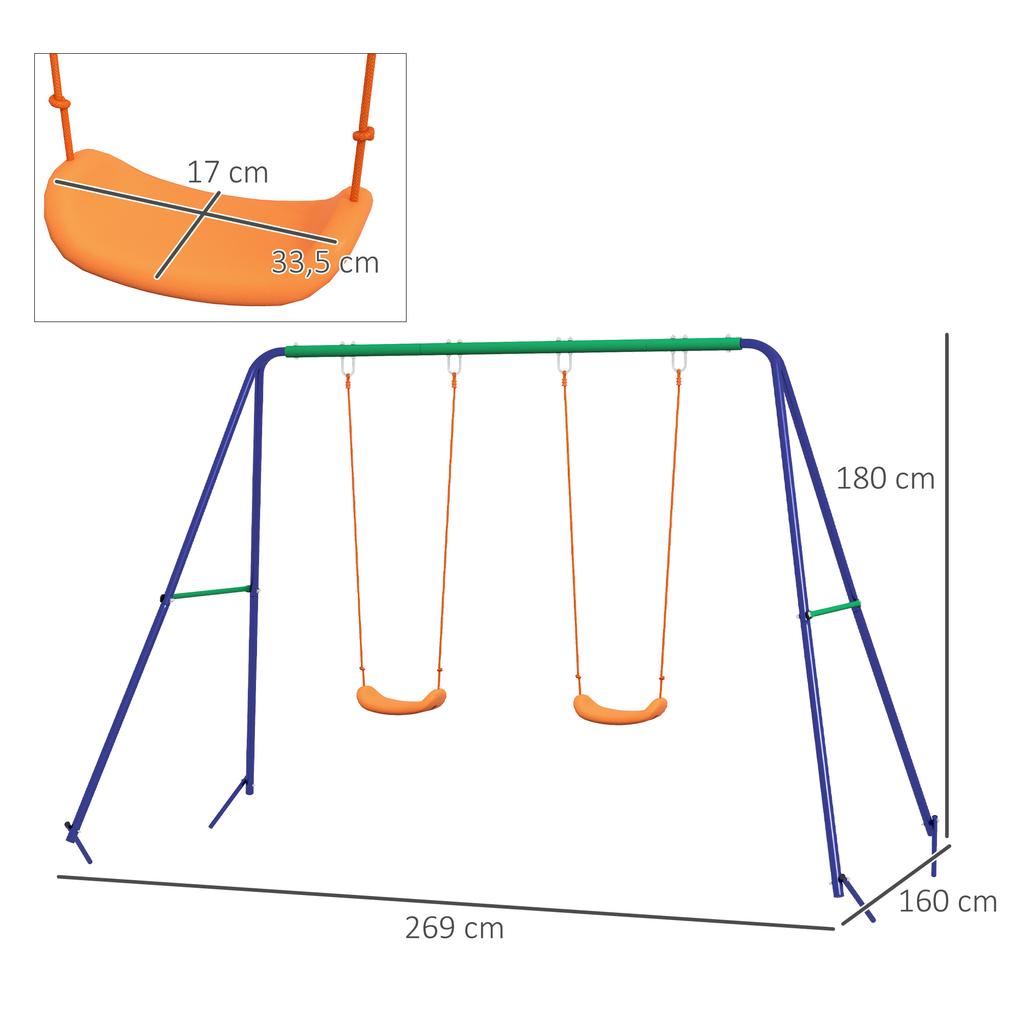 Kids' Swing Set with 2 Swing Seats, for 3-8 Years, Steel, 2.7 x 1.6 x 1.8 m