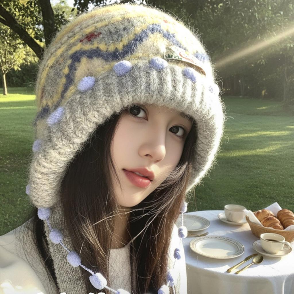 Fair Island retro knitted bag hat women's new autumn and winter face small warm and cold ear protective wool hat