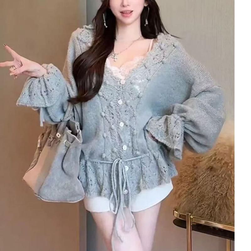 Korean Openwork Crochet Pompom V-Neck Knit Cardigan: Early Autumn Loose Drawstring Sweater