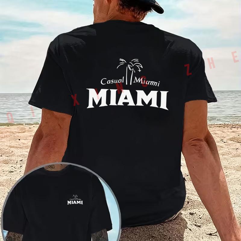 Miami Palm Tree Graphic Motorcycle T-Shirt Cotton Double-Sided Print Men‘s Casual Short Sleeve