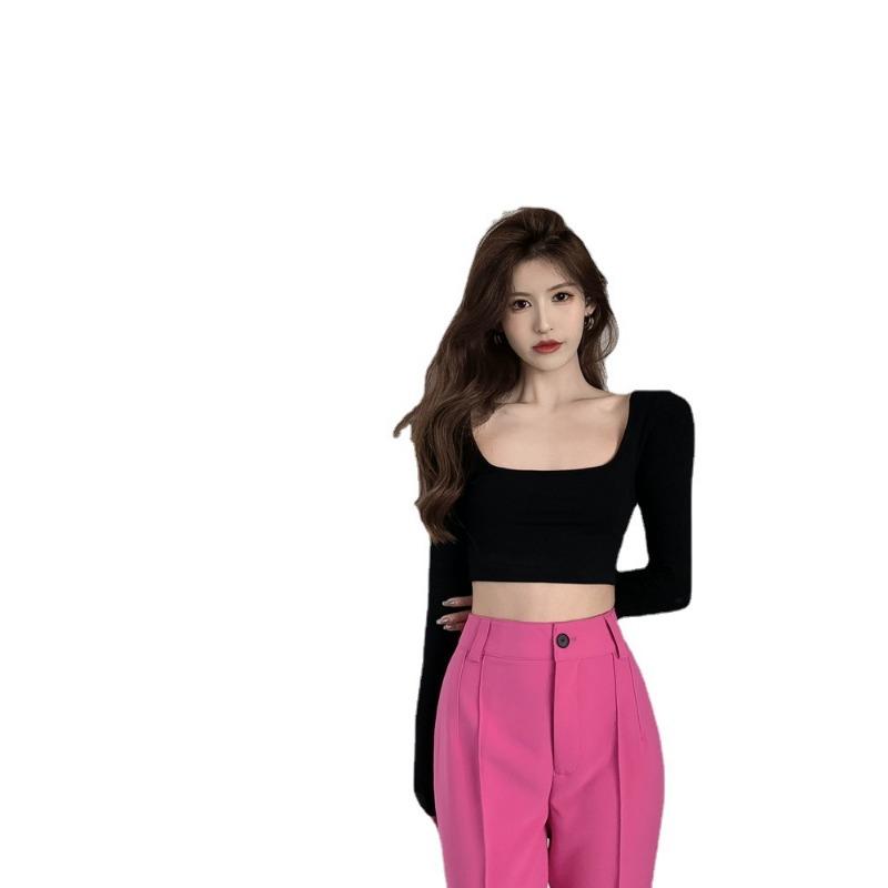 Square Collar Long-sleeved T-shirt for Women for Autumn New White Straps Short Backless Slim Base Shirt Top