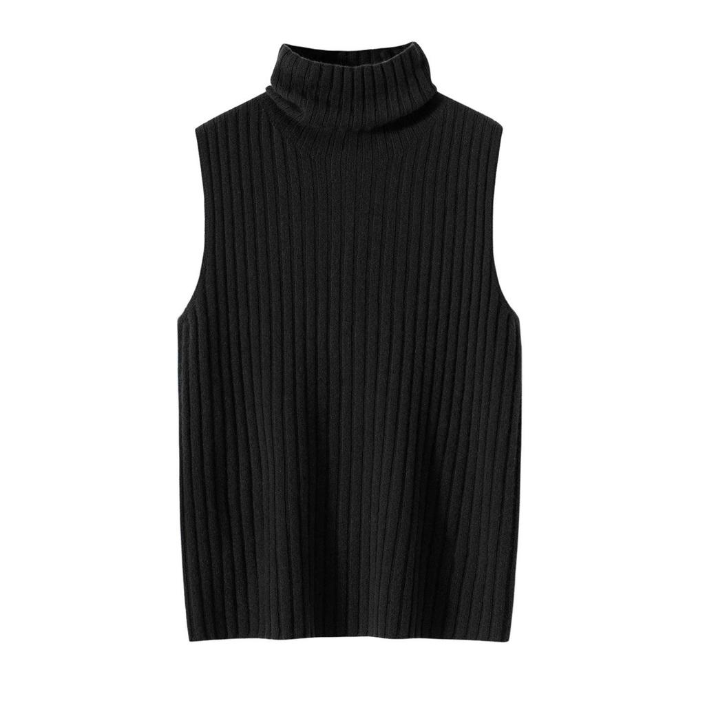 Women's 100% Pure Cashmere Striped Sleeveless Slim-Fit Turtleneck Vest